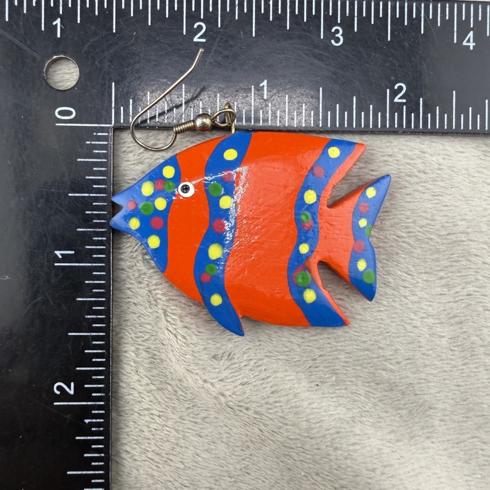 Vintage Fish Pierced Earrings Wood Painted Orange Blue Earrings Sea - Picture 6 of 7